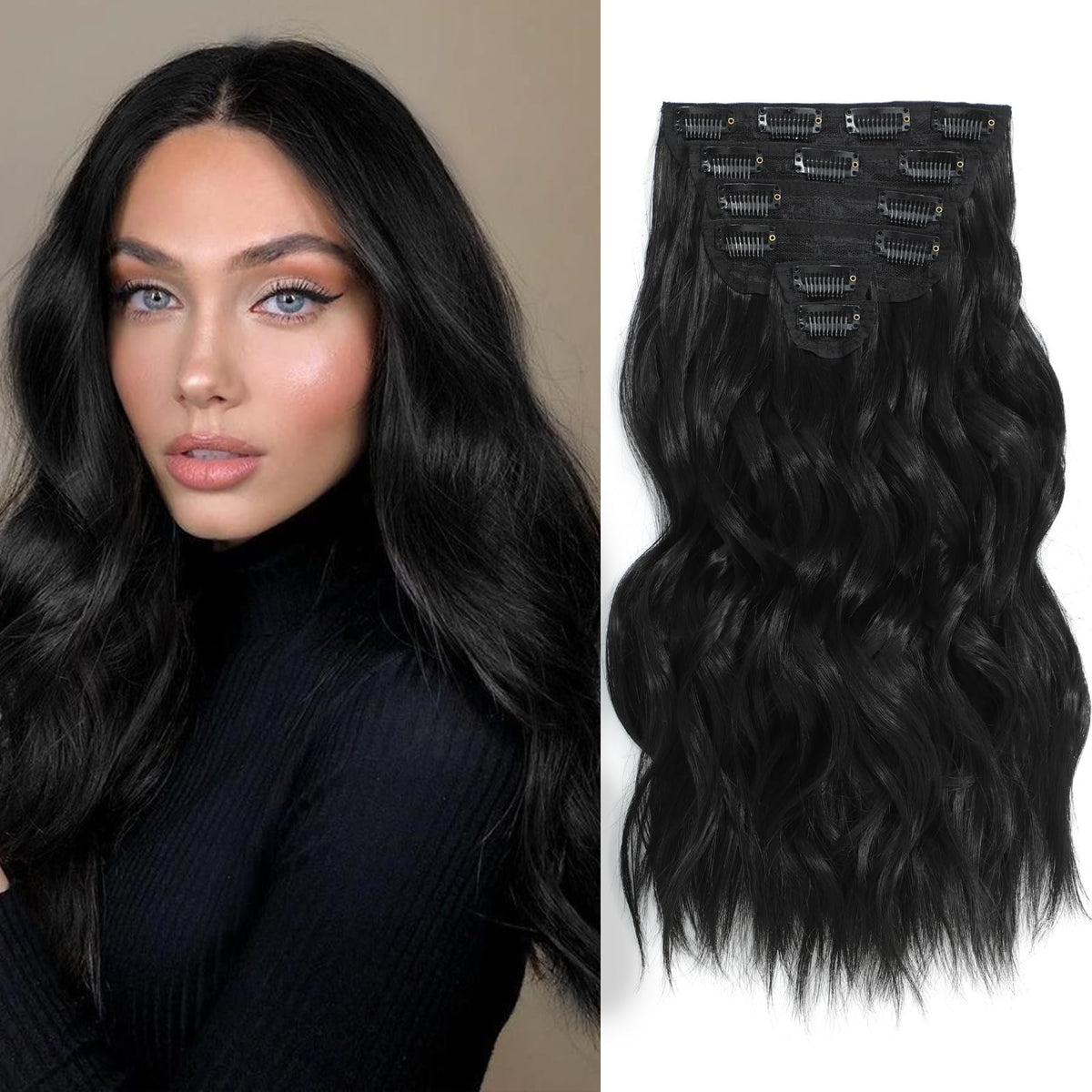 Fliace Clip In Hair Extensions, 6 Pcs 1 6 Inch Hair Extensions Clip Ins, Black Long Wavy Hairpieces(16Inch, 6Pcs, Black)