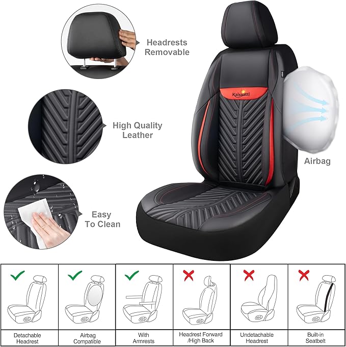 PU Leather Car Seat Covers Full Set – Waterproof seat Cover for Cars，3D Foam Support Automotive seat Covers ，Airbag Compatible, Universal Fit for Cars SUVs Trucks Sedans（Black/Red）