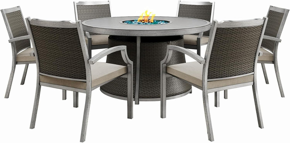 Mazatzal 7 Piece Wicker Patio Furniture Set with 52" Round Propane Gas Firepit Table, 6 Patio Chairs with Cushions, Outdoor Aluminum Conversation Set for Poolside, Backyard, CSA Certified, Gray