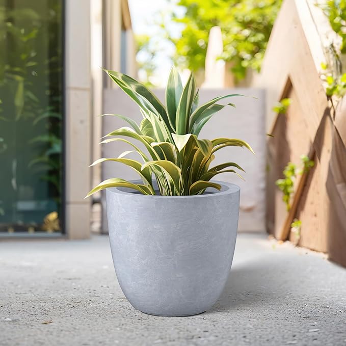 Kante 10 Inch Dia Round Concrete Planter, Indoor Outdoor Large Plant Pot with Drainage Hole and Rubber Plug for Home Patio Garden, Gray
