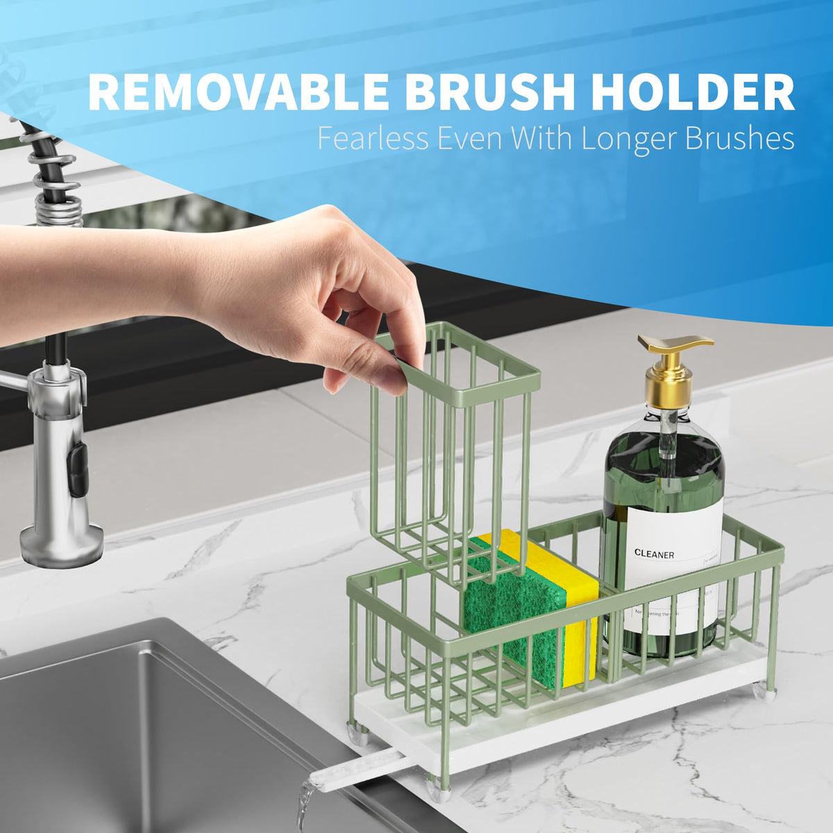 Cisily Sponge Holder for Kitchen Sink, Sink Caddy Organizer with High Brush Holder, Kitchen Countertop Organizers and Storage Essentials, Rustproof 304 Stainless Steel (Sage Green, 9.25″)