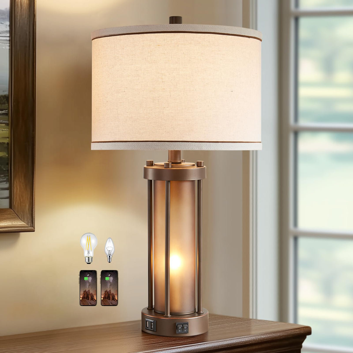 RORIA Farmhouse Table Lamps for Living Room with USB C+A Ports