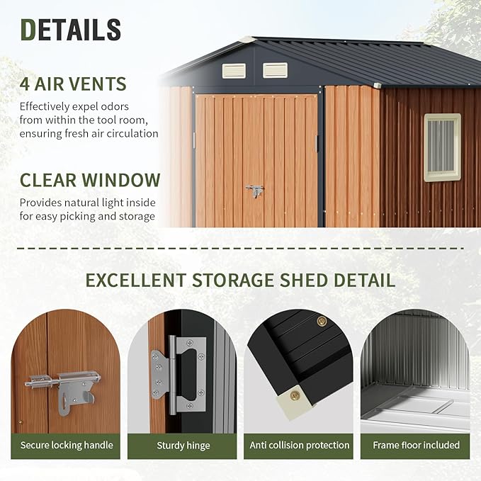 8x6 Ft Storage Shed, Large Outdoor Shed with Floor Base, Window, Lockable Doors, Outside Steel Shed for Garden, Backyard, Lawn, Patio Utility, Tool Storage