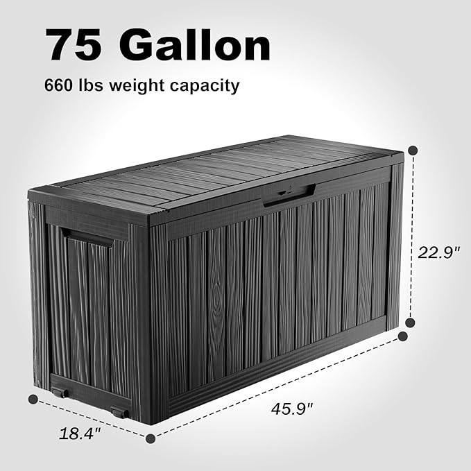 DRATO 75 Gallon Deck Box, Waterproof Resin Large Outdoor Storgae Box for Patio Furniture, Patio Cushions, Gardening Tools, Pool and Sports Supplies, Lockable