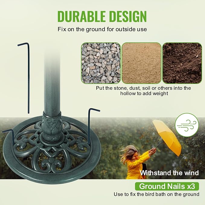 Backyard Expressions Outdoor Garden Bird Bath - Green - Weather Resistant Polyresin - 27 Inch