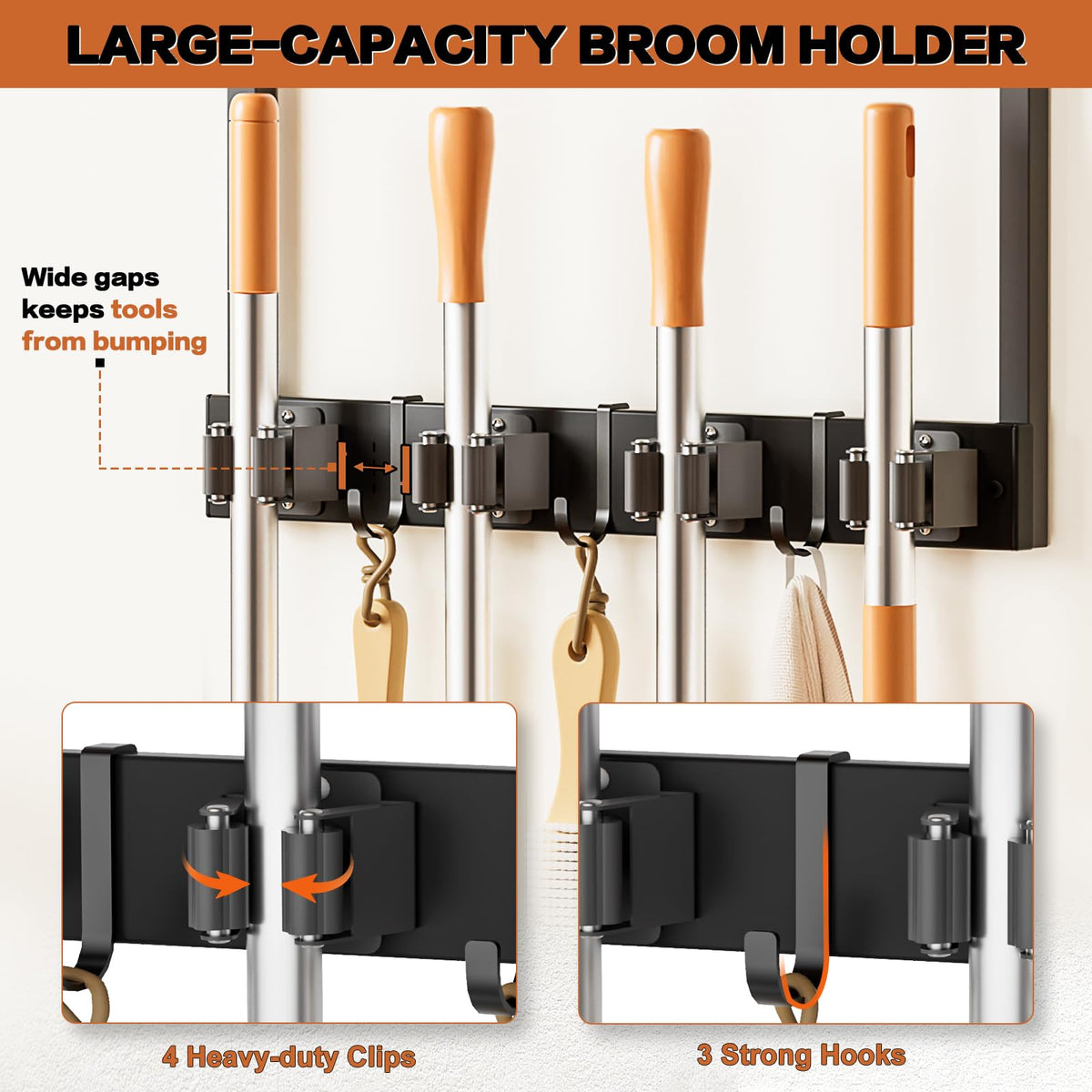 Olakee Broom Holder Wall Mount with Cleaning Supplies Organizer, Laundry Room Organization and Storage Shelves, Mop Hanger Broom Rack with Hooks, Home Improvement Kitchen Shelf Garage Organizer