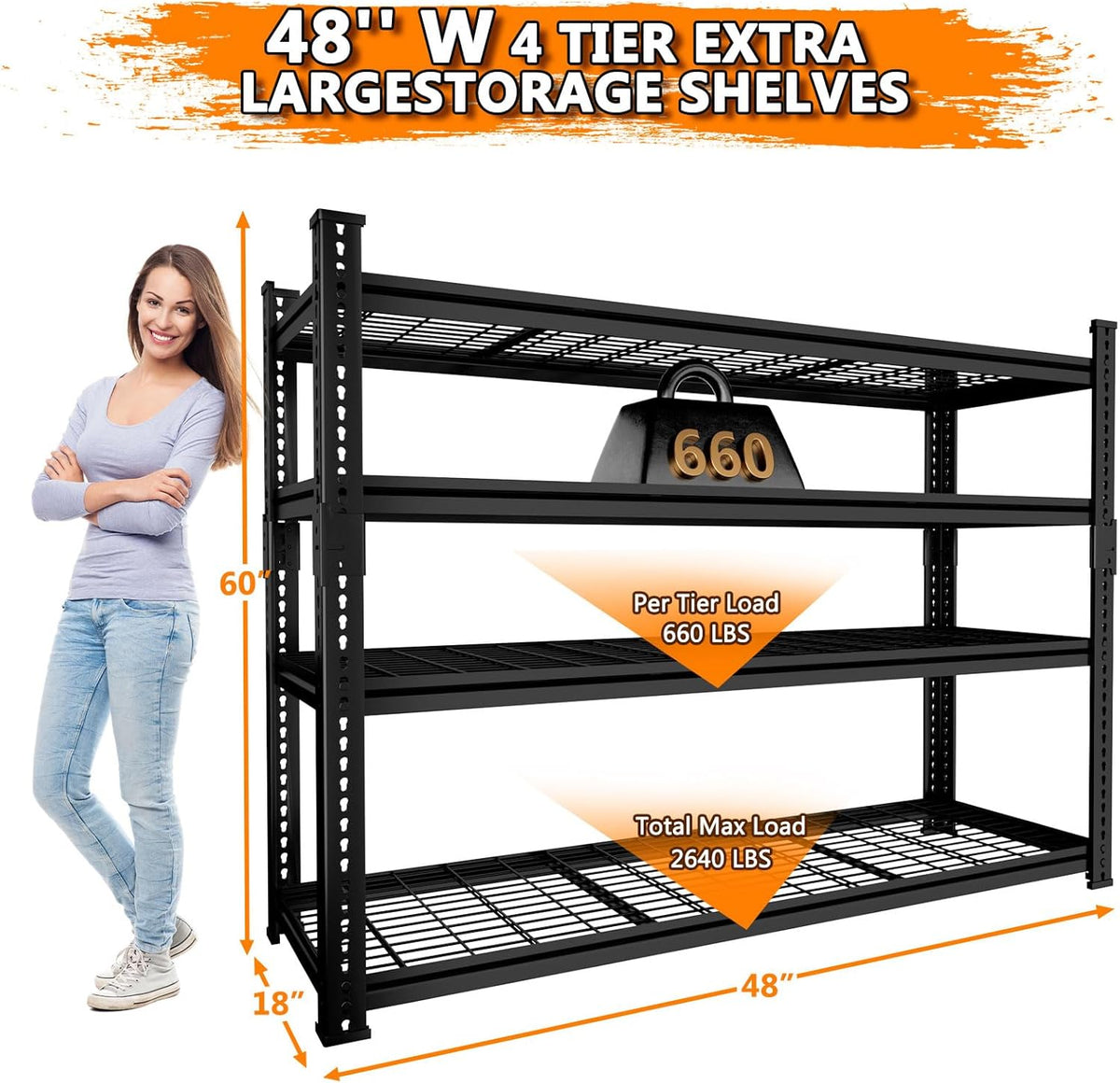Storage Shelves Heavy Duty 3 PCS, 48"L x 18"W x 60"H Garage Wire Shelving Unit Loads 2640LBS, 4-tier Adjustable Metal Industrial Utility Shelf Rack for Kitchen, Laundry, Pantry, Warehouse, Basement