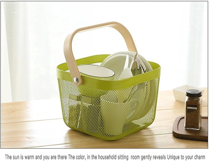 Metal Mesh Steel Basket, Storage Organizer Basket Multi-functional Hanging Kitchen Baskets Fruit Basket with Wooden Handle for Kitchen Bathroom Picnic Shopping Decor Cabinet Home, Macaron Green