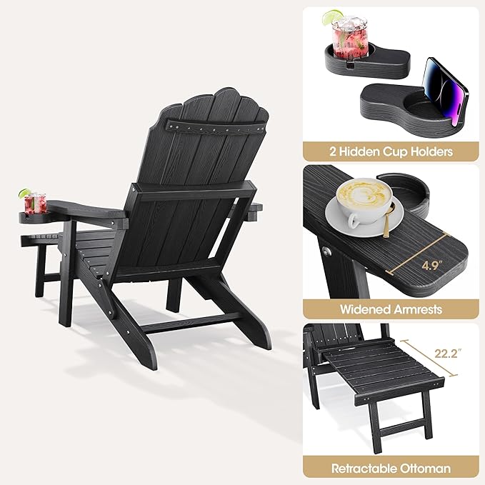 Adjustable Backrest Folding Adirondack Chair Set of 4, Adirondack Chair with Retractable Ottoman, Weather Resistant Fire Pit Chair with 2 Cup Holders, for Porch Backyard Outdoor Lawn, Black