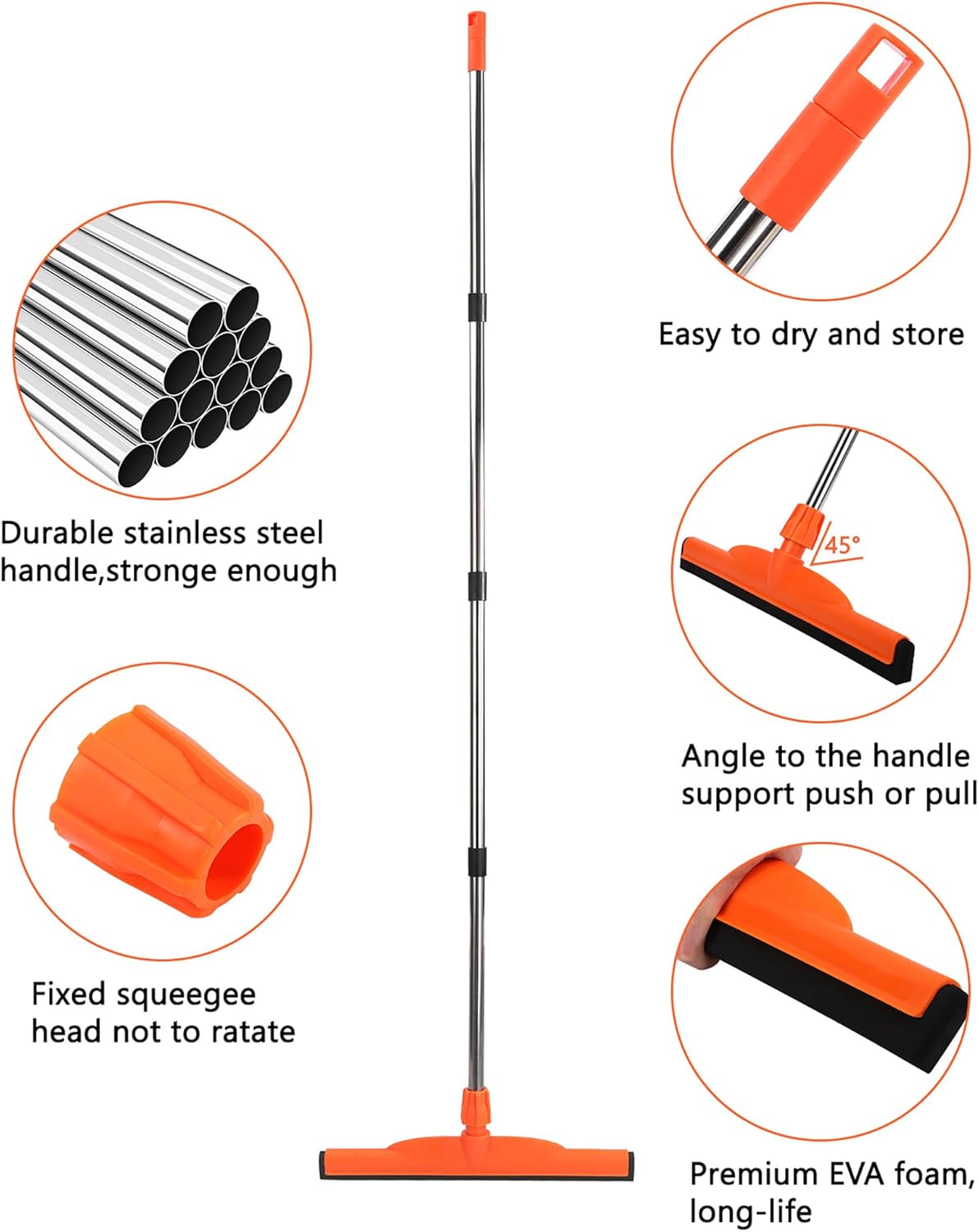Floor Squeegee Scrubber, 17'' Heavy Duty Household Broom EVA Foam Blade Rubber Wiper Squeegee for Concrete Floor Garage Shower Bathroom Tile Scrubber 60'' Long Handle Multifunction Magic Broom(Orange)