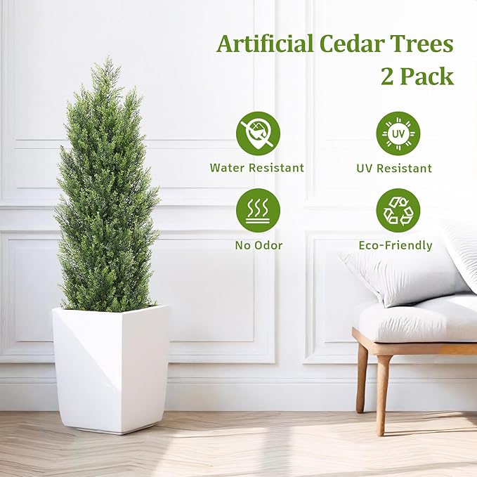THE BLOOM TIMES 4ft Topiary Trees Artificial Outdoor 2 Pack – UV Resistant Faux Cedar Pine Cypress Bushes and Shrubs, Fake Potted Plants for Front Porch Outside Planter Patio Decor, Set of 2 (4 Foot)
