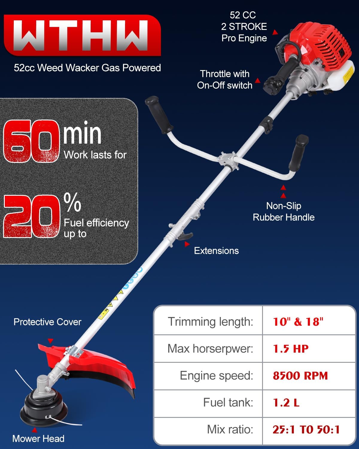 52cc Gas Powered Weed Eater and Brush Cutter 3-in-1, Heavy Duty Straight Shaft String Trimmer with Harness and 2 Heads for Tough Weeds, Grass, and Land Clearing (PT6080)