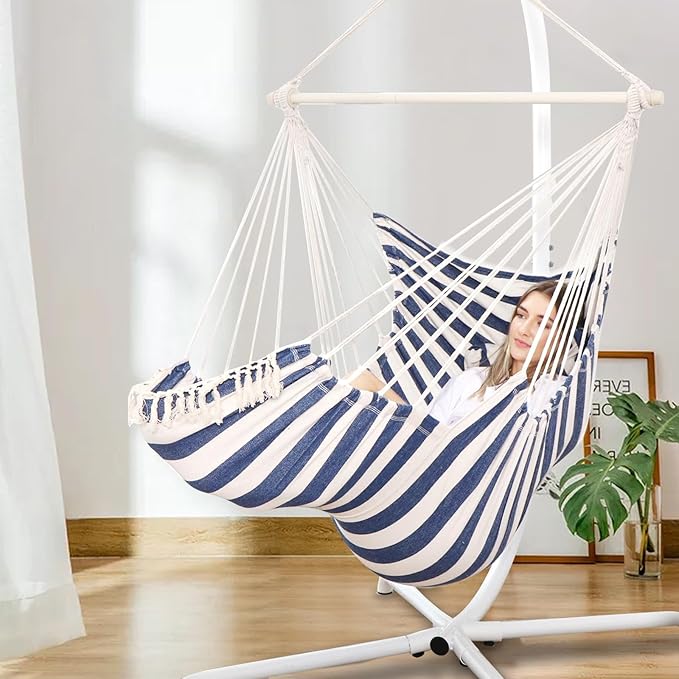 Chihee Hammock Chair Hanging Chair with Foot Rest 2 Cushions Max 500lbs Robust Metal Spreader Bar Collapsible Easy Storage Soft Cotton Swing Chair Strong Strap Iron Carabiner Side Pocket Included