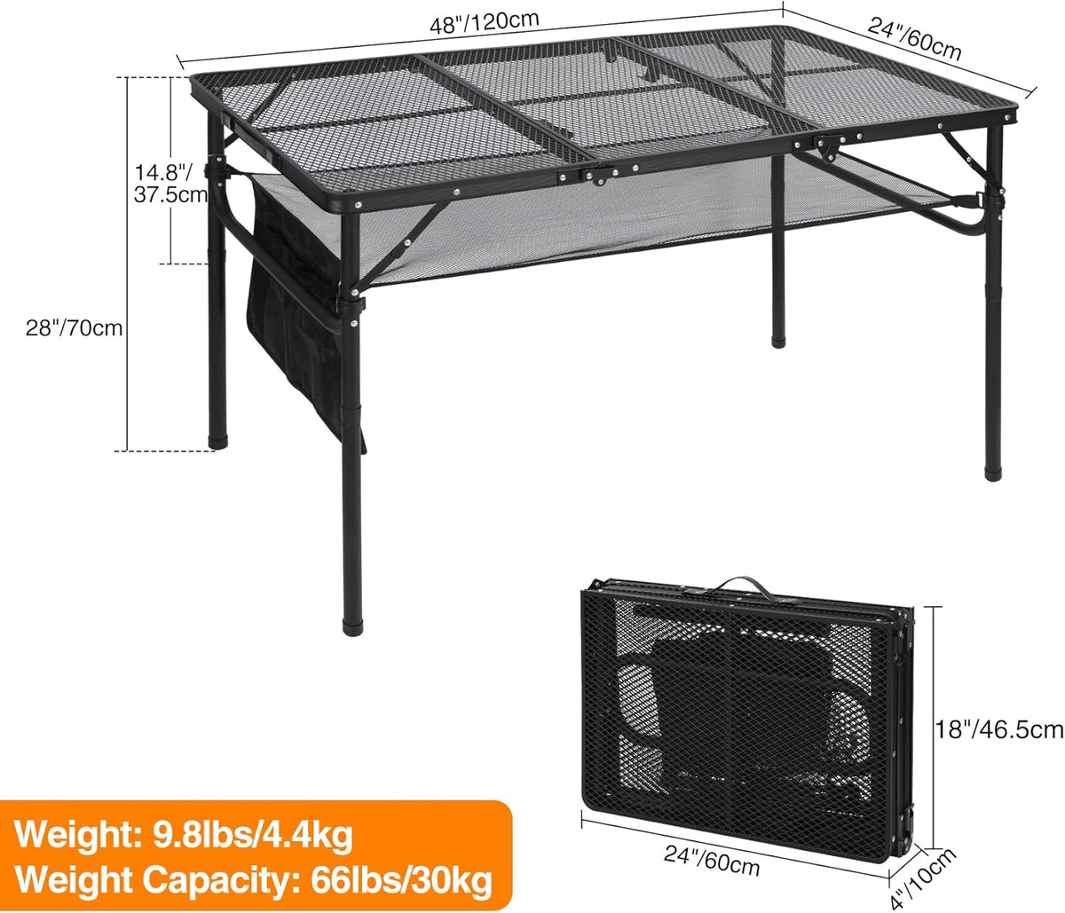 REDCAMP 48x24 Long Folding Grill Table for Outside, Lightweight Portable Double Layer Metal Aluminum Outdoor Grill Table with Adjustable Height Legs, Great for Camping Picnic Cooking BBQ, Black 4ft