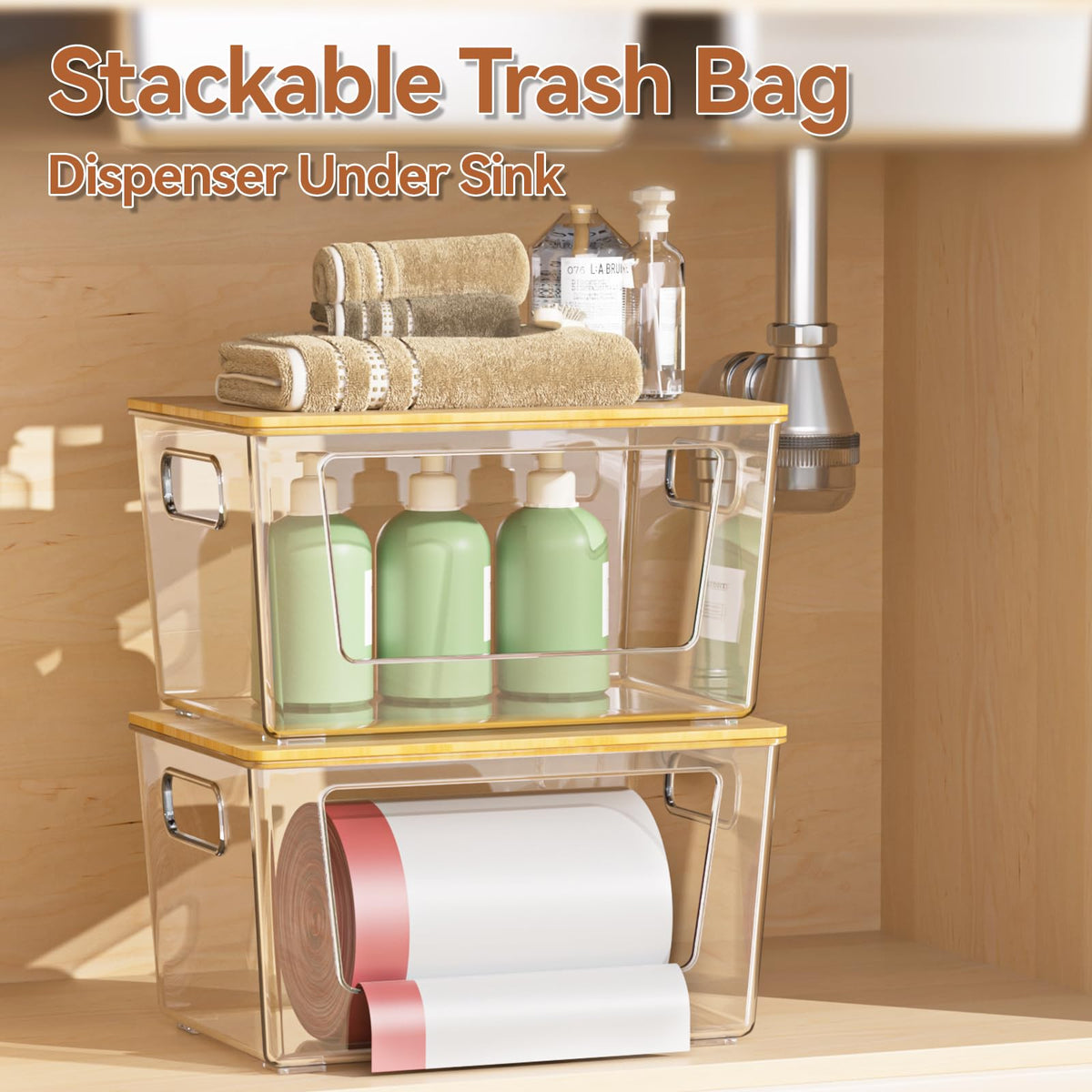 spospo 2 Pack Trash Bag Holder with Bamboo Lid Stackable Trashbag Dispenser