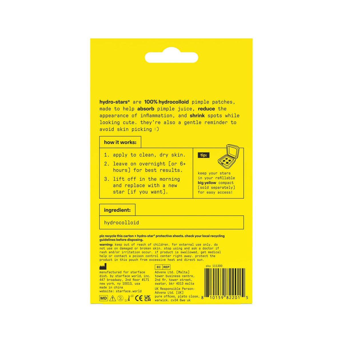 Starface Hydro-Star® Yellow Hydrocolloid Star-Shaped Pimple Patch, 36 ct