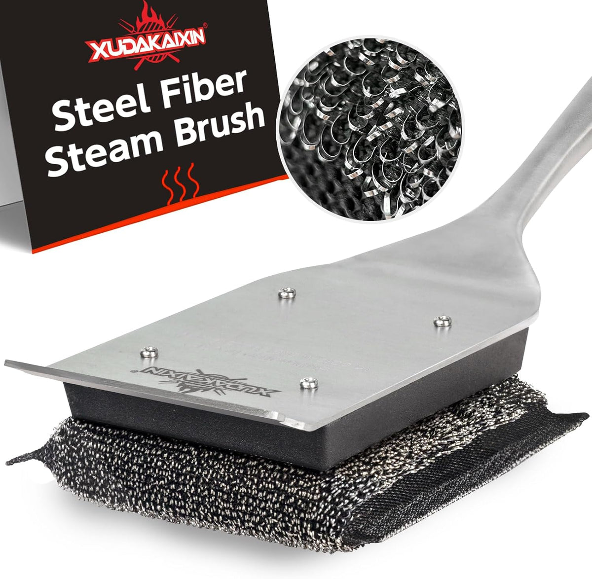 Grill Brush Bristle Free,Unique Steel Fibers Pad [Safe & Efficient] Perfect for Cast Iron/Stainless-Steel Grates - with 1 Replaceable Cleaning Head - Safe Grill Cleaner for Outdoor Grill