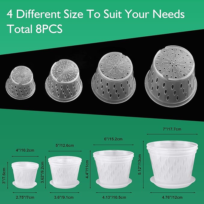 Orchid Plants- 2 Each of 4, 5, 6 and 7 inch- 8 Sets with Saucers, Orchid Pots with Holes and Clear Plastic Orchid Pots for Repotting