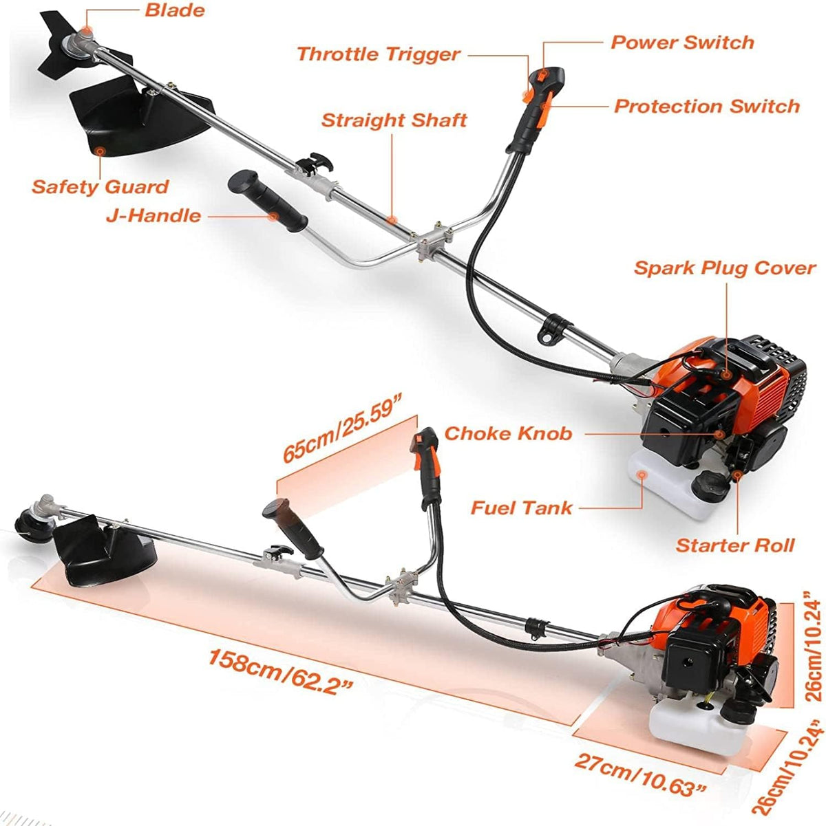COOCHEER Brush Cutter Gas Powered 58cc, 4 in 1 Weed Wacker, 2-Cycle String Trimmers Gas Brush Cutter Straight Shaft Gas Grass Trimmer for Lawn and Garden Care Trimming, Red