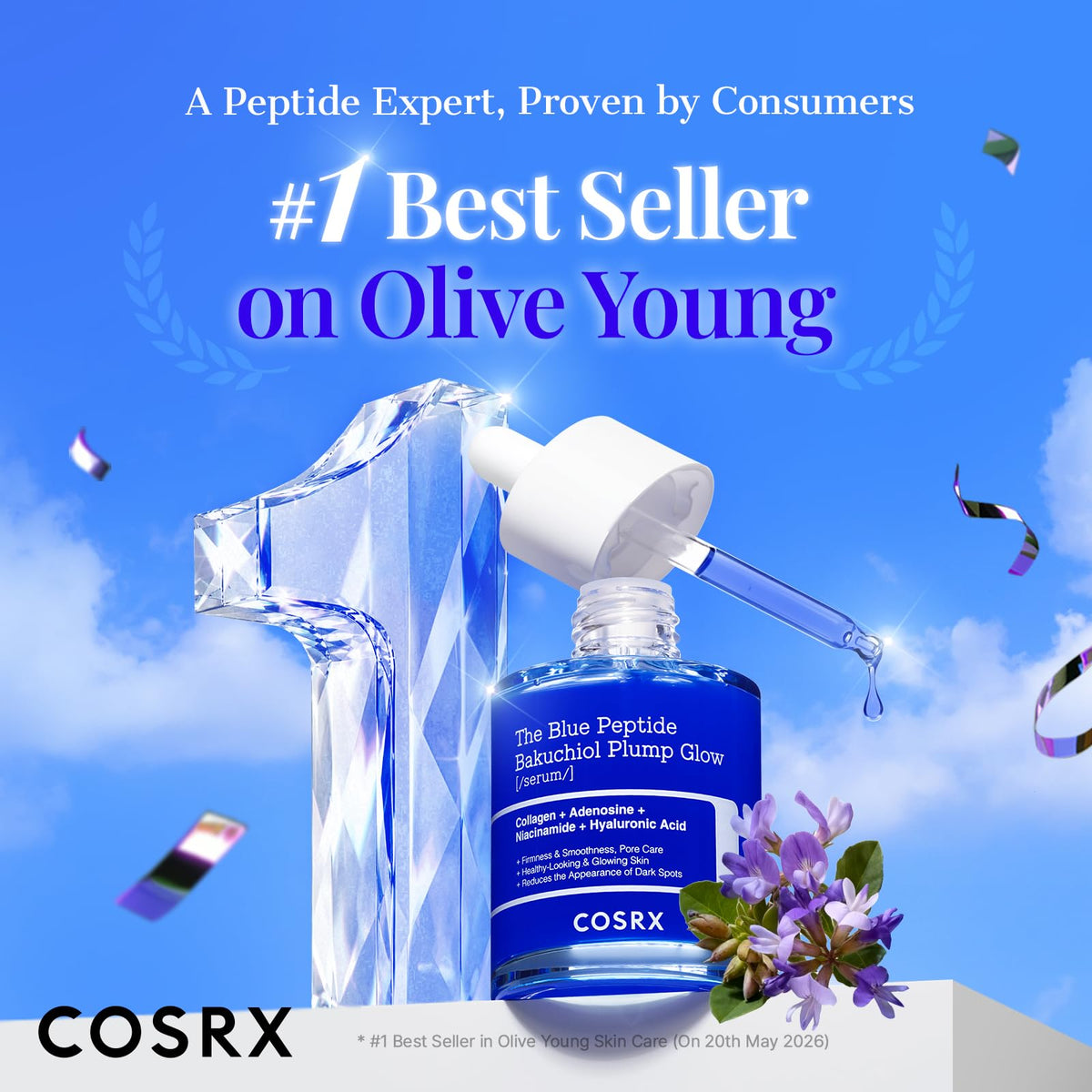 COSRX The Blue Copper Peptide Bakuchiol Serum, Glow & Plumping, 1.69 Fl Oz