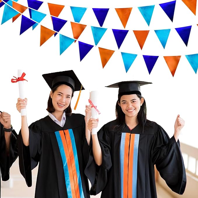 Orange Blue Party Decorations Metallic Fabric Triangle Pennant Flag Bunting Banner Garland for Birthday Baby Shower Graduation Bridal Shower Wedding Bachelorette Engagement Space Theme Party Supplies