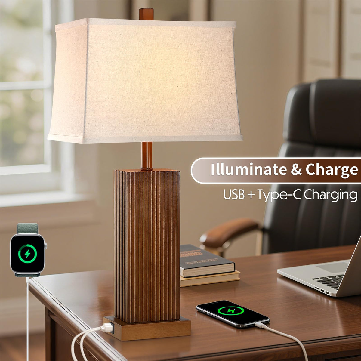 Lovlast 27.5" Wood Table Lamps Set of 2 for Bedroom Living Room (Walnut)