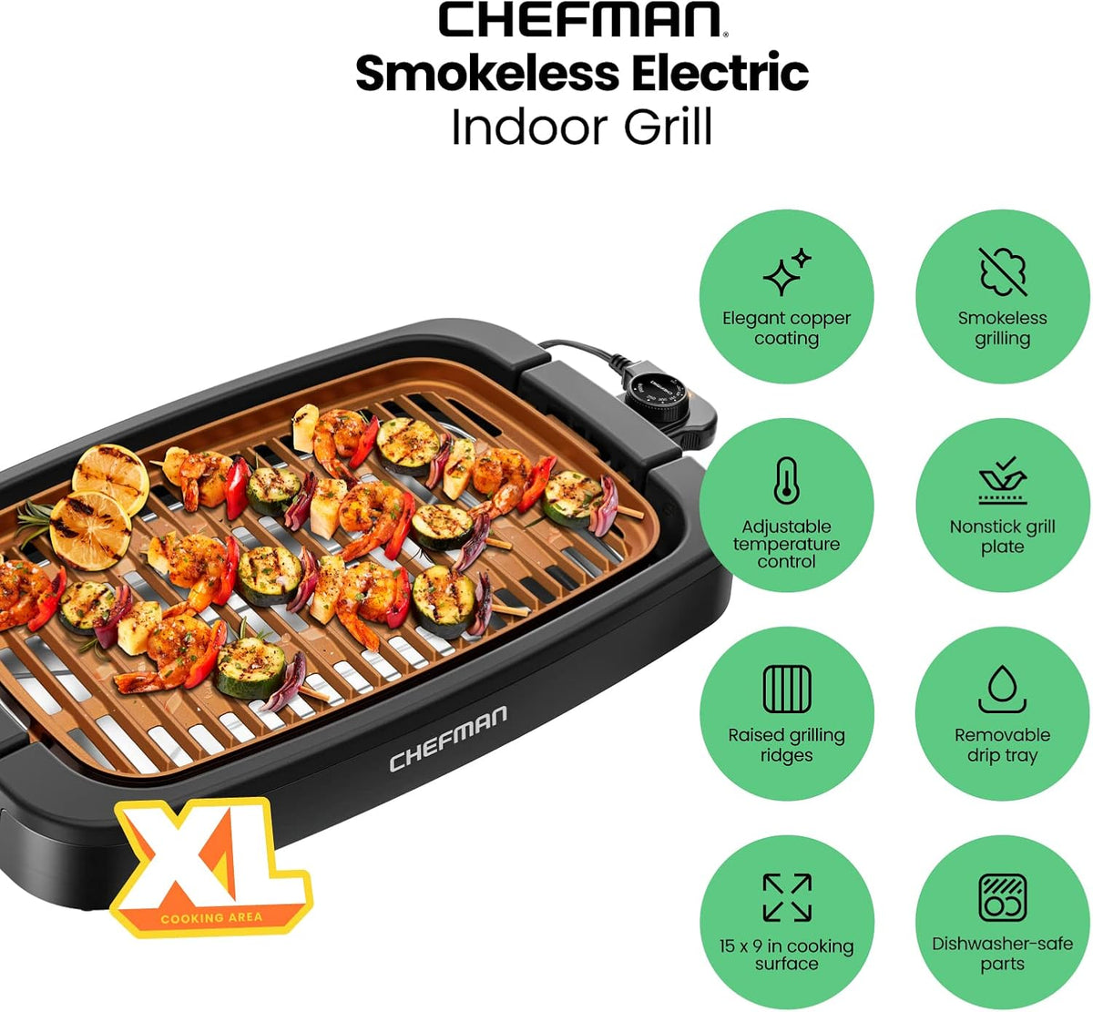 Chefman Smokeless Indoor Electric Grill, Copper, Extra Large, Nonstick Table Top Grill for Indoor Grilling and BBQ with Adjustable Temperature Control, Nonstick Dishwasher-Safe Parts, 9" x 15"