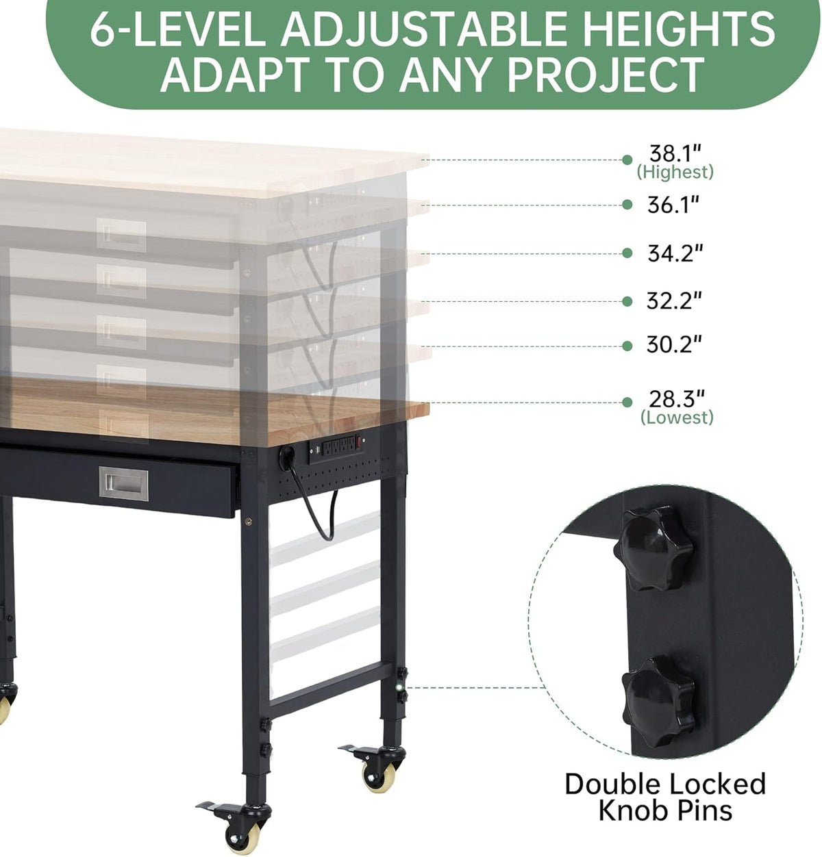 48'' Adjustable Workbench, Heavy Duty Workbench with Drawer and Backplate, 2000 LBS Capacity Work Table with Power Outlet and Lockable Wheels, Suitable for Office, Garage, Workshop
