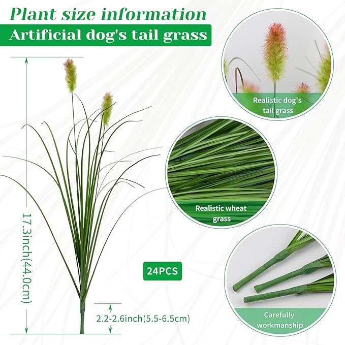 Artificial Grass Plants Outdoor 24 Bunches Fake Onion Grasses with Plush Fake Shrubs Plant Flowers Faux Greenery Wheat Sea Grass for Outside Garden Indoor House Home Office Room Décor (Green & Red）