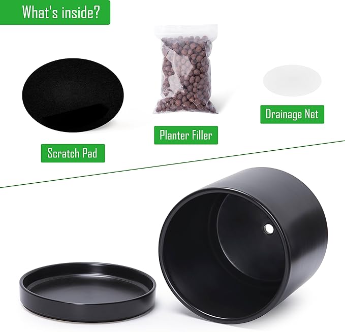 D'vine Dev Set of 2 Plants Pots, 10 Inch Ceramic Planter Pot for Plants with Drainage Hole and Saucer, Black, 94-V-E-2