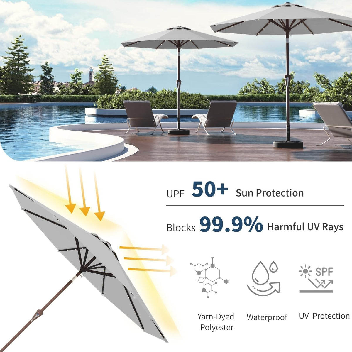 10FT Solar Umbrella 32 LED Lighted Patio Umbrella Table Market Umbrella w/Tilt and Crank, UV-Resistant Outdoor Umbrella for Pool, Garden, Deck, Light Gray