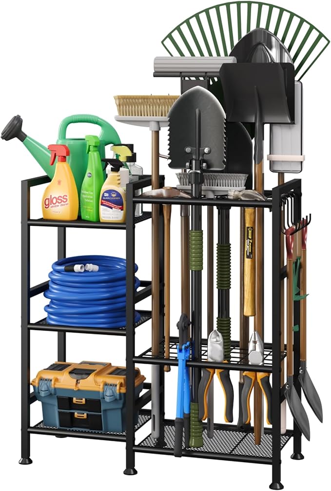 keomaisyto Garden Tool Organizer for Garage Organization, 3 Tier Yard Tool Storage Rack with 35 Long-Handled Tool Slots, Heavy Duty Garden Tool Holder with Large Hooks for Shed, Yard, Garage