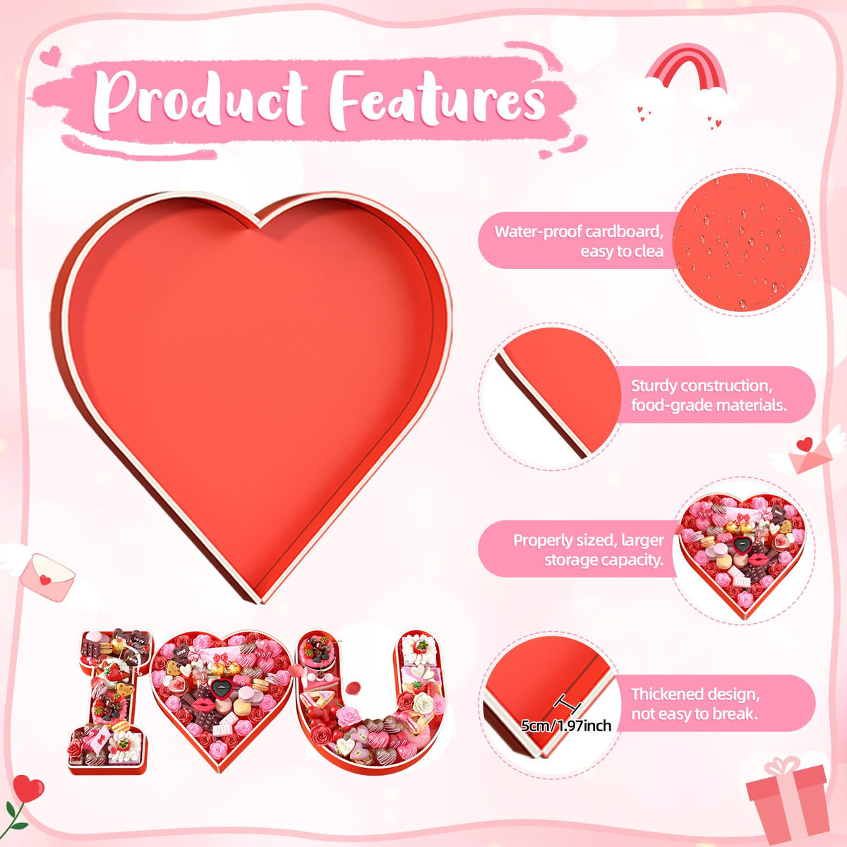 Valentine’s Charcuterie Cardboard Letter I Love U, 13.78" Red Heart Shape Fillable Board for Food, Chocolates, Cupcakes, Flowers, Roses, Candies