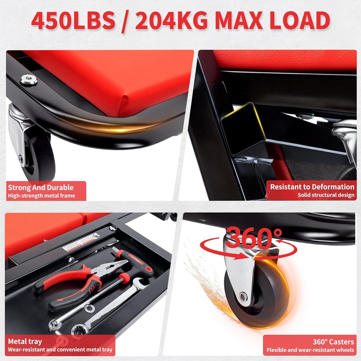Mechanic Creeper 40 inches 2-in-1 Mode Z Seat with Tool Tray, 480lbs Capacity, Foldable Garage Adjustable Rolling with 6pcs Roller, Lay Down Sit Lean Back, Under Car Auto Repair Men Gift, Red