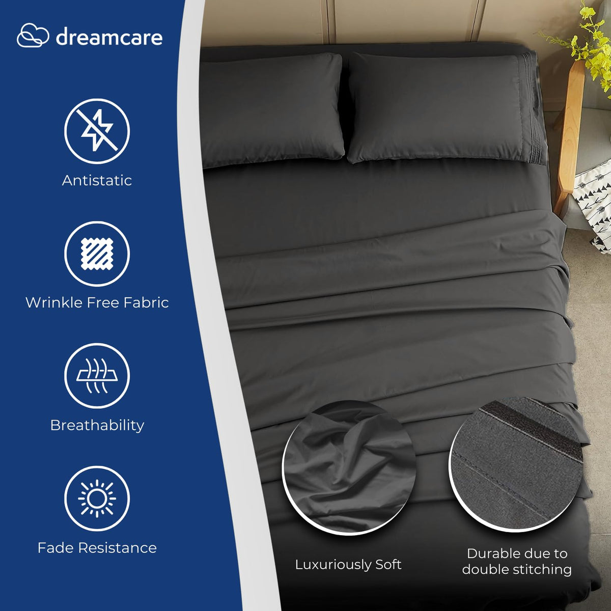 DREAMCARE King Size Sheets Set - King - Extra Deep - Gray