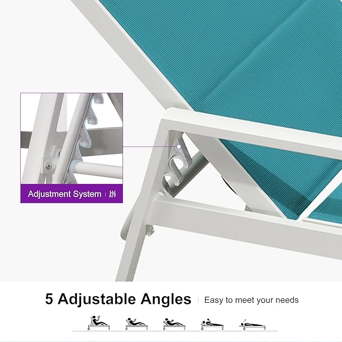 PURPLE LEAF Outdoor Chaise Lounge Set Adjustable Sunbathing Recliner with Armrest and Side Table for Poolside Beach Outside Patio Aluminum Chaise Lounger Blue