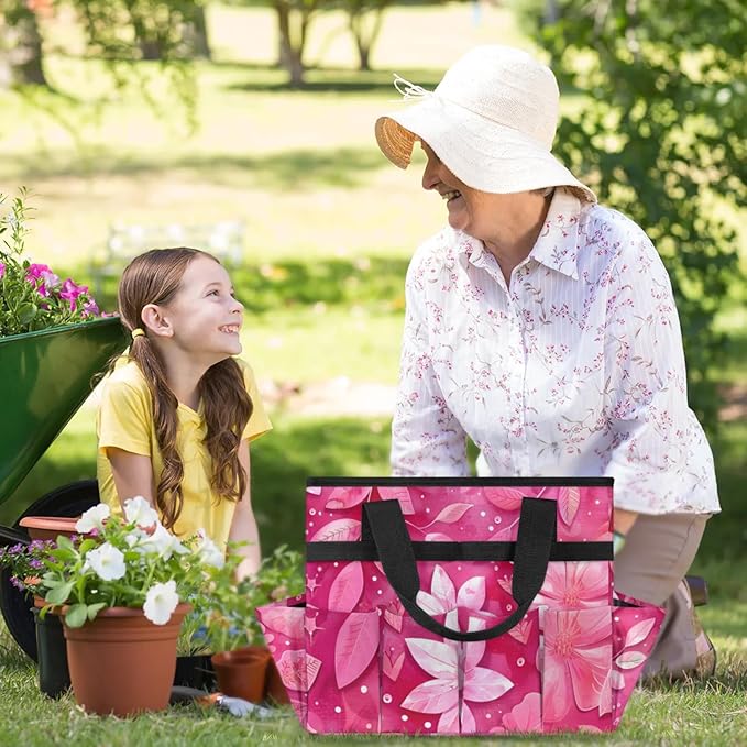 Rose Red flower Gardening Tool Bag,Heavy Duty Garden Tote Bag,Portable Oxford Gardening Storage Basket Organizer Handbag with Pockets Handle,Hand Tools Gifts for Outdoor Garden Lawn