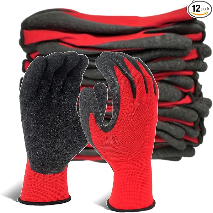 Evridwear Crinkle Latex Rubber Hand Coated Safety Work Gloves for Men Women General Multi Use Construction Warehouse Gardening Assembly Landscaping (XXL-Size) 12 Pairs Pack