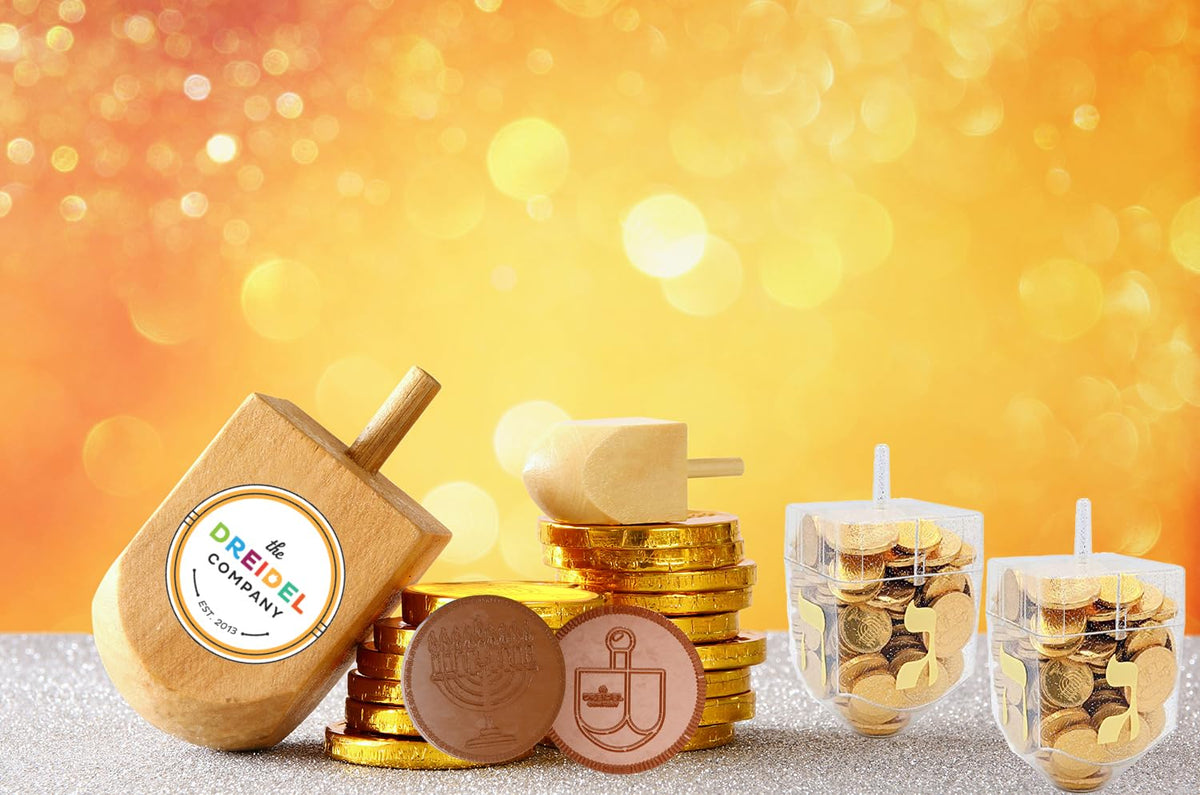 The Dreidel Company 6-Pack Dreidel Filled with Hanukkah Chocolate Gelt Coins with Menorah and Dreidel Design Kosher 6 Dreideld Filled with Ten Coins