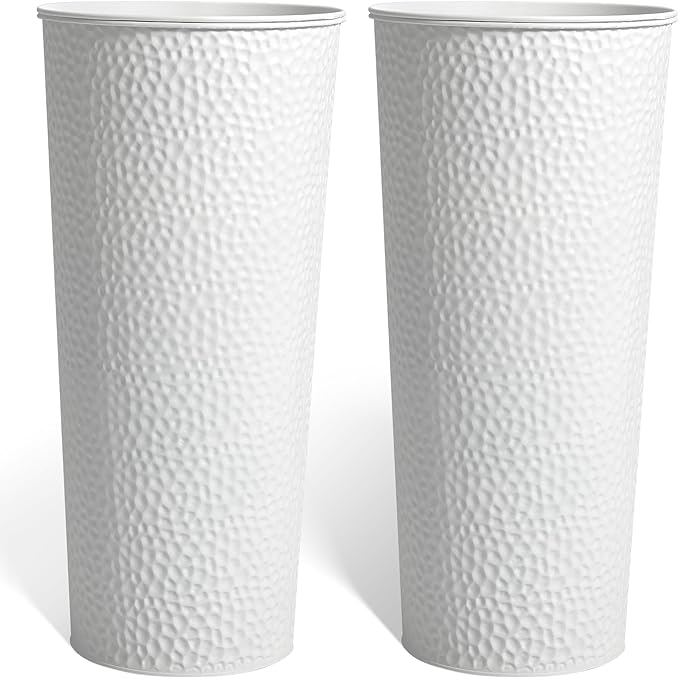 KOL 25" H. Metal Hand-Hammered Planters with Inner Pots 2-Pack, White Decor Planter for Deck, Patio, Porch - Galvanized Steel Handcrafted Flower Pot - w/Water Level Indicator - Indoor Outdoor Use