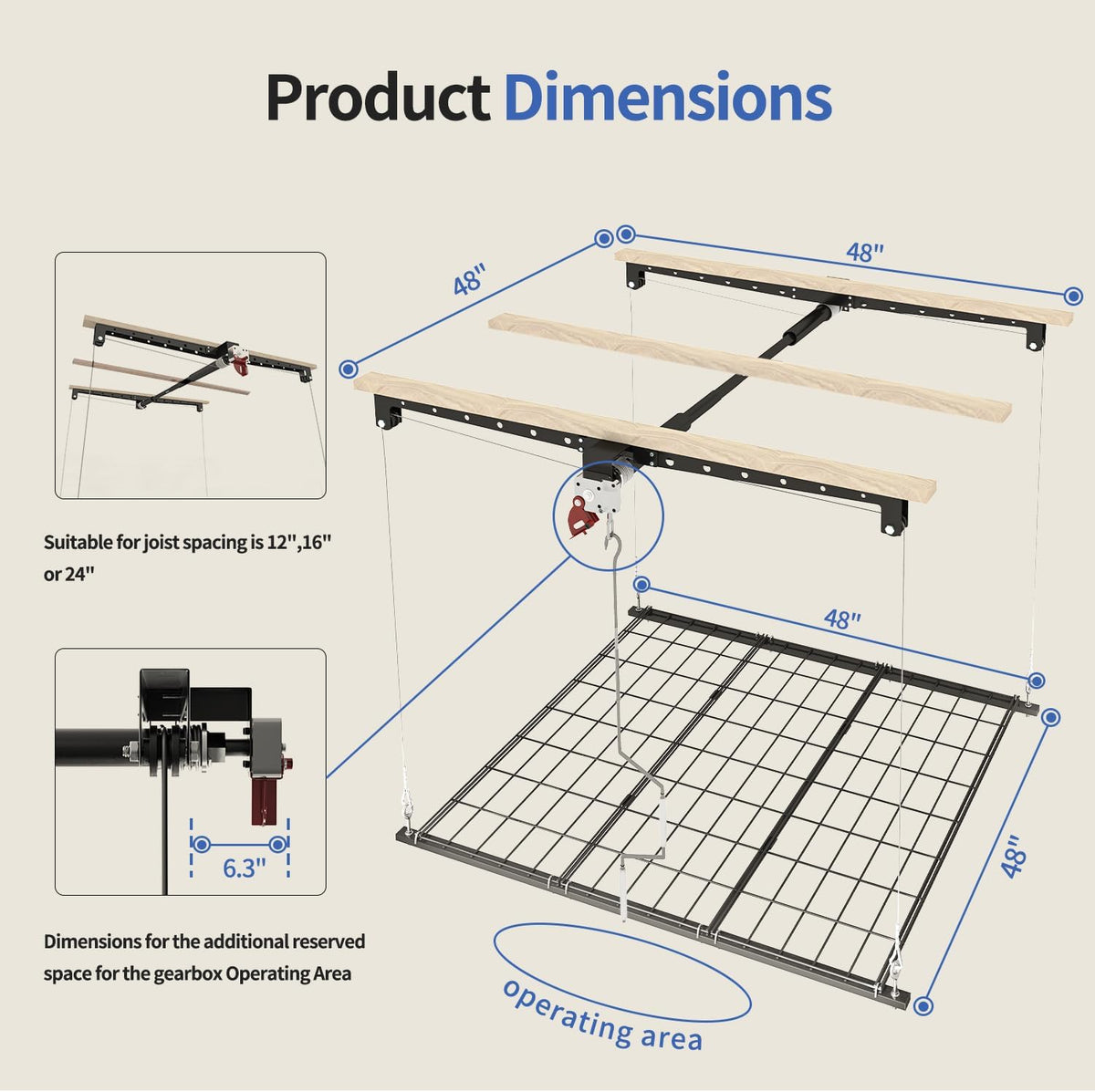 Overhead Garage Storage Rack, Heavy-duty 4x4 Ft Ceiling Storage Racks with Safety Lock, Ideal for Garage Storage Mounted Lift System and Storage Organizer, 250lbs Capacity