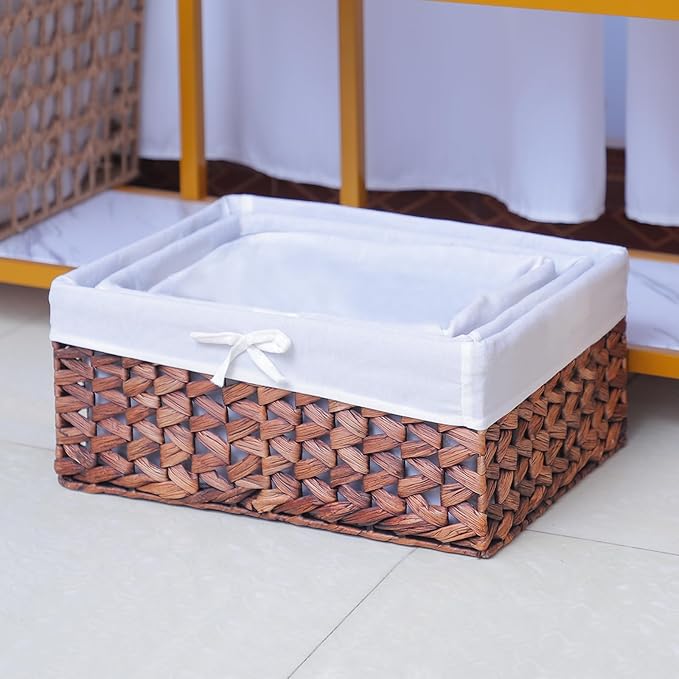 Rectangular Woven Seagrass Storage Bins with Handle,Kingwillow. (water hyacinth, Set of 3)