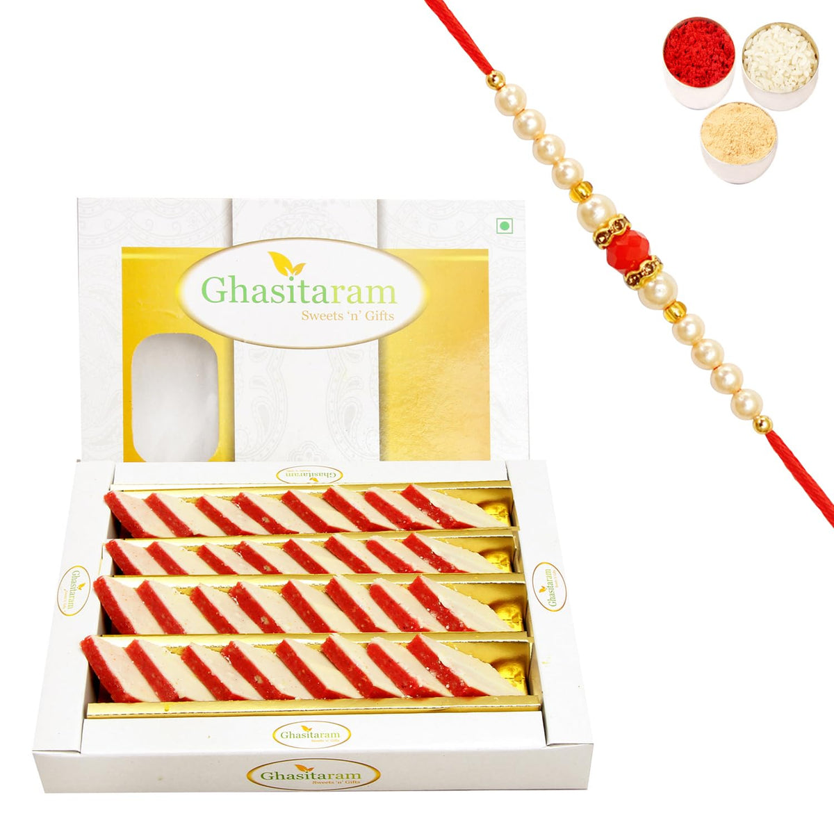Ghasitaram Gifts Rakhi Gifts for Brothers Rakhi Sweets - Rakhi Gifts Sweets-Ghasitarams Irish kaju Katli 400 GMS with Beads Rakhi