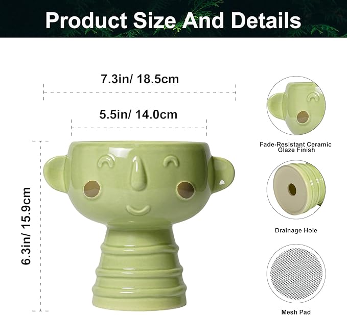 Face Planter Pots Head - 7 Inch Ceramic Succulent Plant Pots with Drainage Hole, Cute Head Planters for Indoor Outdoor Plants, Room Desk Office Decor, Plant Lover Gifts, Green