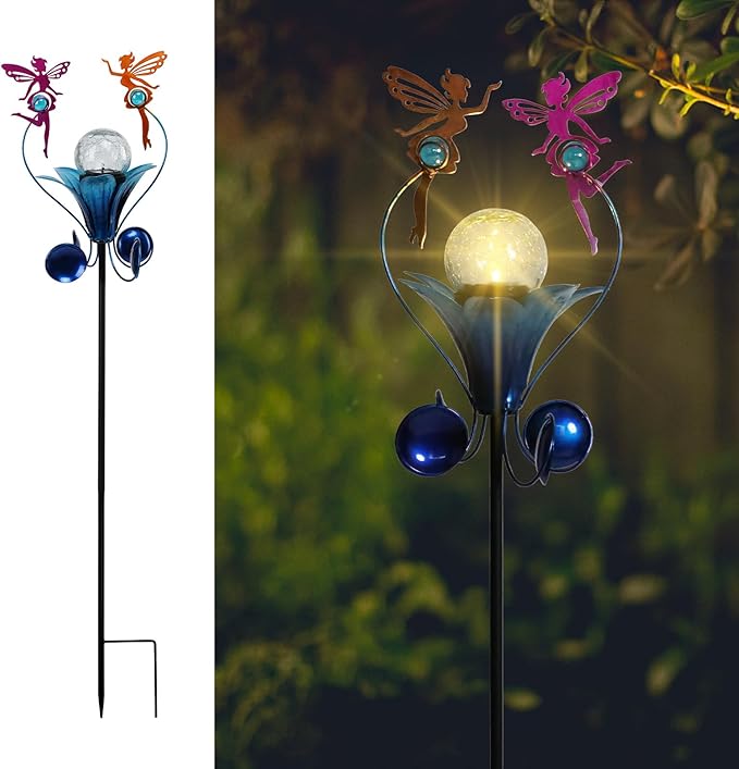 VCUTEKA Solar Lights Outdoor Metal Garden Stake Waterproof Crackle Glass Globe Garden Decor Fairy for Pathway, Lawn, Patio, Yard