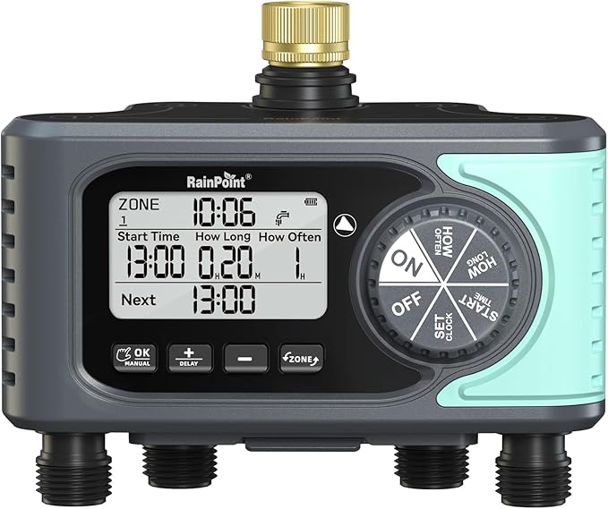 RAINPOINT Sprinkler Timer, 4 Outlets Hose Timer with Brass Inlet with Rain Delay/Manual/Automatic Controller System, Programmable Digital for Lawn Yard, 4 Zone