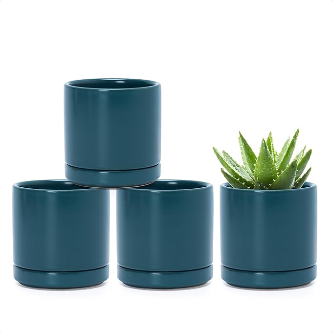 D'vine Dev Set of 4 Small Ceramic Plant Pots, 3.5 Inch Succulent Planter Pot for Plants with Drainage Hole and Saucer, Teal, 94-X-A-9