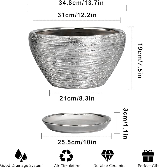 Flower Pot for Indoor Plants - Ceramic Planter 13 Inch Plant Pot with Drainage Hole and Saucer Large Decorative Planter Outdoor Mid-Century Planter for House Decor Silver