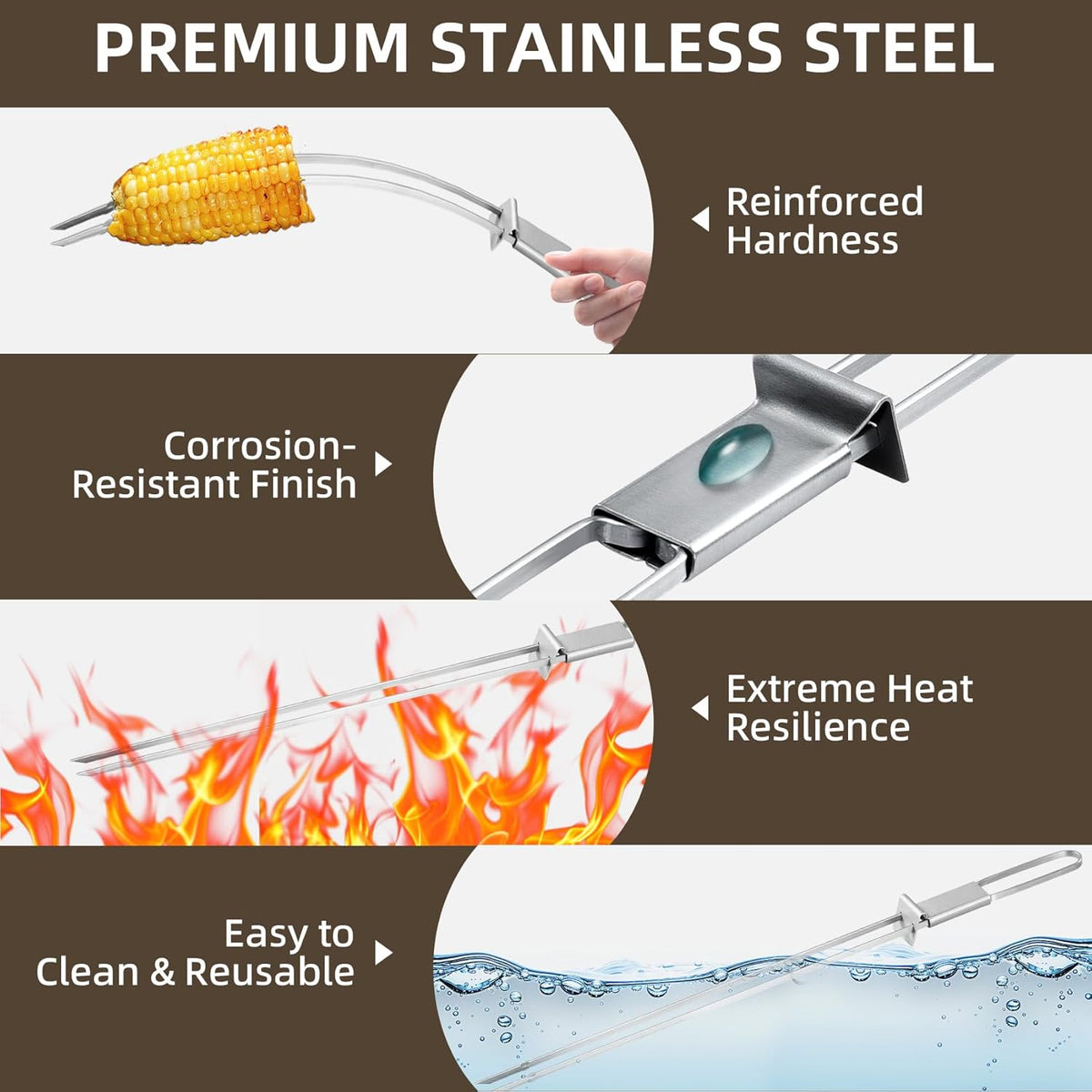 Skewers for Grilling, 17inch （6PCS）Double Fork Flat Stainless Steel Kabob Skewers with Slider, Reusable Metal BBQ Skewer for Meat, Vegetable, BBQ Accessories