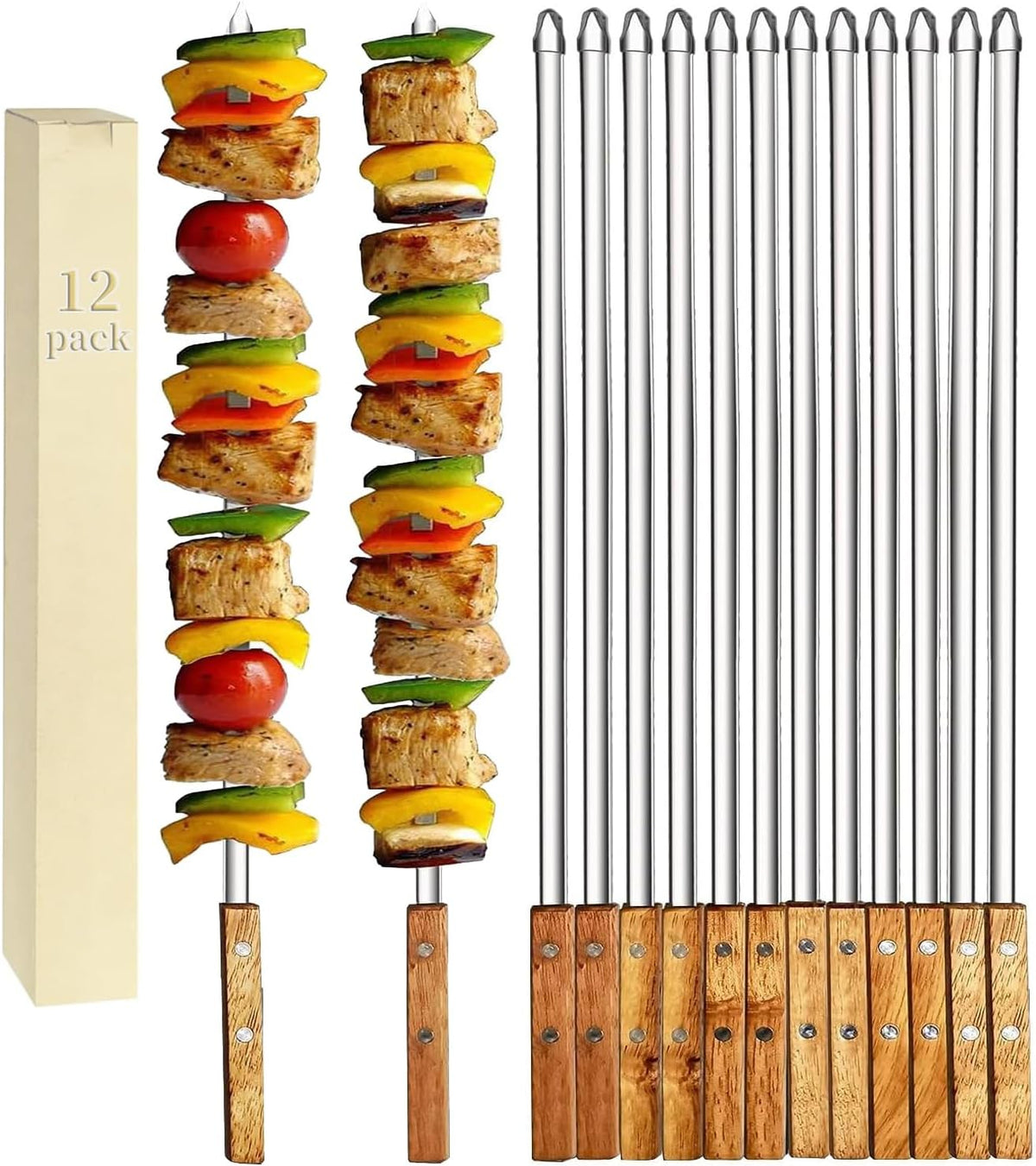 12 Pack Kebab Skewers 23.5 Inch Long Flat Stainless Steel Grilling BBQ Skewer Reusable Barbecue Skewers with Wood Handle,Ideal for Koubideh Persian Brazilian Chicken Shrimp Turkish Shish Kabob